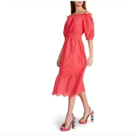 Betsy Johnson Paradise Pink On/Off Shoulder Cotton Eyelet Midi, M - Picture 3 of 15